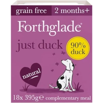 Image of Forthglade Complementary Wet Dog Food (18 x 395g Trays) Just Duck with Vegetables, 90% Duck, Grain Free Stomach Sensitive Natural Ingredients, Hypoallergenic