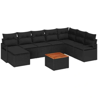 Image of vidaXL Garden Sofa Set with Cushion 9 pcs Black Poly rattan