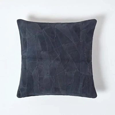 Image of HOMESCAPES Real Leather Navy Blue Cushion with Feather Insert 45 x cm Square 18 Inches Recycled Suede Sofa Patchwork Pattern