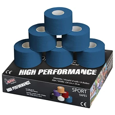 Image of ALPIDEX 6 x Sports Tape 10 m 3.8 cm Many Colours Zinc Oxide Finger Tearable Skinfriendly Handball Football Volleyball Rugby, Colour:blue