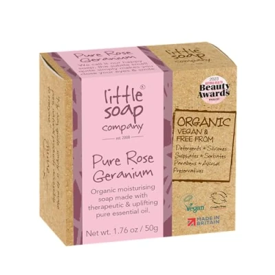 Image of Little Soap Company Organic Range Pure Rose Geranium Mini Bar (50gx1) Eco Friendly, Vegan, Cruelty Free, Natural, No SLS or Parabens Plastic Free Travel Toilettries Gifts for her