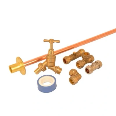 Image of Plumbright Outside Garden Tap Pack 15mm, with Hose Union 15mmx1/2&quot; &amp; Backplate Copper Tail 401029