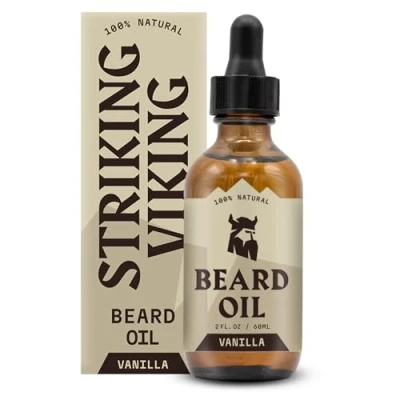 Image of Striking Vikings Beard Oil for Men Natural Organic Formula with Tea Tree, Argan and Jojoba Oils Promotes Growth, Softens, &amp; Hydrates (Vanilla)