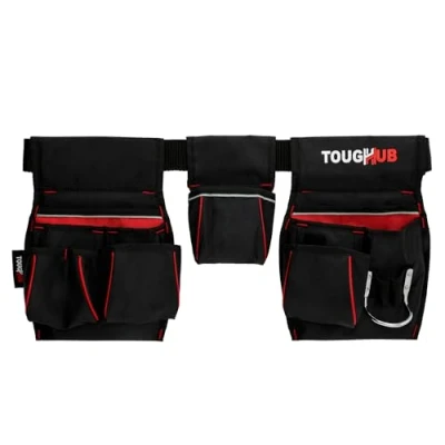 Image of ToughHub Work Tool Belt Pouch with 1680D Heavy Duty Adjustable Belts for Men Storage Electricians, Carpenters, Plumbers &amp; Construction Hammer Loop