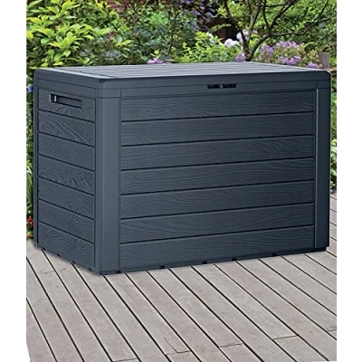 Image of URBNLIVING Anthracite 190L Wood Design Outdoor Storage Box Garden Patio Plastic Chest Lid (Horizontal Stripes, Pack of One)