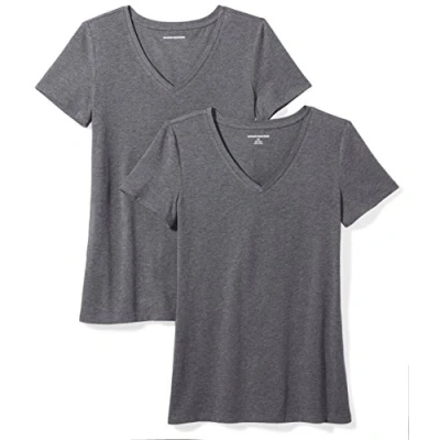Image of Amazon Essentials Women&#039;s Classic Fit Short Sleeve V Neck T Shirt, Pack of 2, Charcoal Heather, XXL