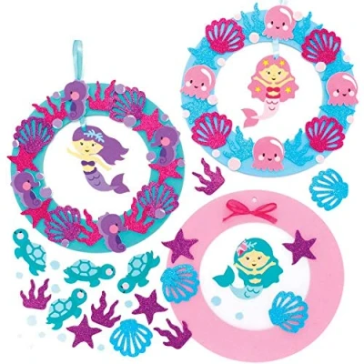Image of Baker Ross FE189 Mermaid Wreath Decoration Kits Pack of 3, Foam Craft Activities for Kids to Assemble, Decorate and Display Great as a Gift Creative Children