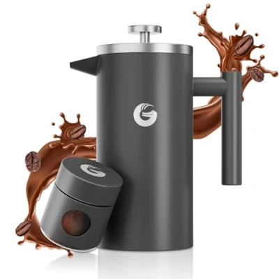Image of Coffee Gator Cafetiere 1 Litre French Press Maker Large Capacity, Double Wall Insulated Stainless Steel Brewer Hotter for Longer Grey