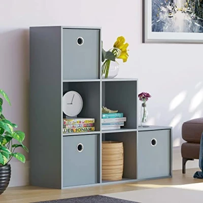 Image of Vida Designs Durham Staircase Bookcase Shelves Storage Organiser Living Room Furniture (6 Cube &amp; 3 Grey Baskets, Grey)