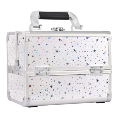 Image of Joligrace Makeup Box Vanity Case Cosmetic Organiser Beauty Storage Train with Mirror, Lockable Keys, White Holographic Star