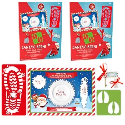 Image of Christmas Jingle Santa&#039;s Been Decorations Kit x2 Pack with Fake Snow, Santa Claus Footprint Stencil, Rudolph Magic Key and Mince Pie Placemat