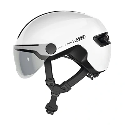 Image of ABUS HUD Y ACE city helmet stylish bike with visor and magnetic, rechargeable rear LED light for men women white, size S