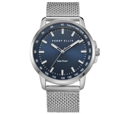 Image of Perry Ellis Solar Powered Mens Watch Steel Mesh Band Water Resistant Analog Wrist Watches for Men 43mm Case Aluminum Tachymeter Bezel Elegant Gift Man, Silver, One Size, Dress