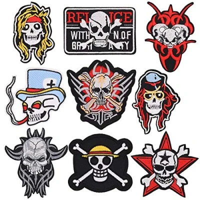 Image of 9pcs Assorted Pirate Skull Iron On Patches Embroidered Motif Applique Decoration Sew Custom for DIY Jeans,Jacket,Kid&#039;s Clothing,Bag,Backpack,Caps,Arts Craft Making(Pirate Skull)