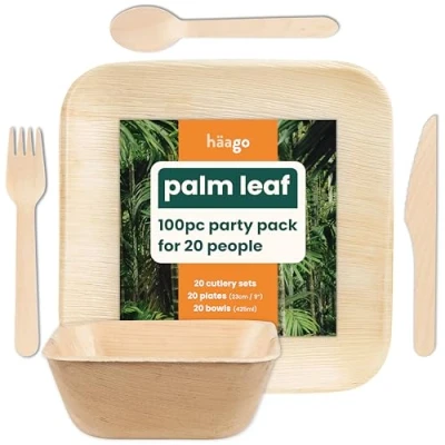 Image of HAAGO 100 Piece Eco Tableware Set: 22cm Square Plates, 450ml Bowls, Birchwood Cutlery Friendly Like Wooden &amp; Bamboo Plates for Hot Cold Food, Microwave Freezer Safe Picnics