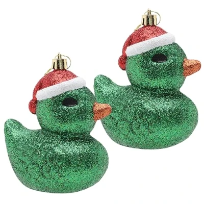 Image of Christmas Concepts® Pack of 2 110mm (4.3&quot;) Emerald Green Glittery Festive Duck Baubles Tree Decorations