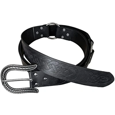 Image of HiiFeuer Nordic Embossed Buckle Belt, Retro Medieval Faux Letaher Knight LARP Cosplay Halloween（Black B）