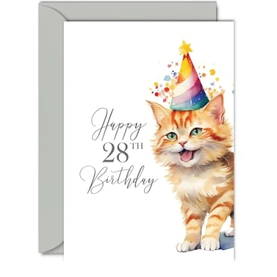 Image of 28th Birthday Cards for Men Women Party Cat Kitten Happy Card 28 Year Old Man Woman Brother Sister Son Daughter Uncle Auntie Cousin, A5 Bday Greeting