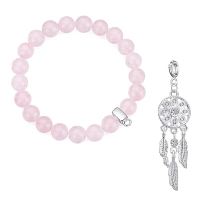 Image of Philip Jones Rose Quartz Gemstone Bracelet with Dream Catcher Created Zircondia® Crystals
