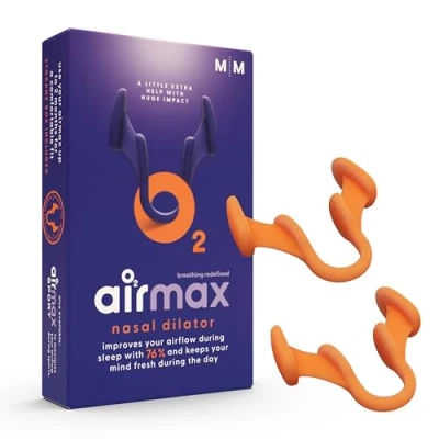 Image of Airmax nasal dilators 76% More air Breathing aid through the nose 2 Pack size medium orange anti snore device oxygen Snoring aids for men and women sleep better wake up rested congestion Free storage case included