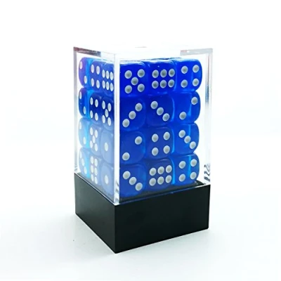 Image of Bescon 12mm 6 Sided Dice 36 in Brick Box,12mm Six Die (36) Block of Dice, Translucent Blue With White Pips