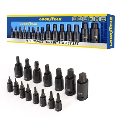 Image of Goodyear 15pc Impact Torx Bit Socket Set 1/4 3/8 1/2 T6 T70 TRX Star