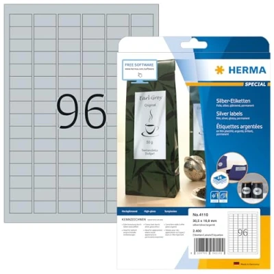 Image of HERMA Self Adhesive Film Labels, 96 Labels per A4 Sheet, 25 Sheets, 30.5 x 16.9 mm, 2400 Blank Weatherproof Stickers, Sticky for Laser &amp; Inkjet Printer, Silver
