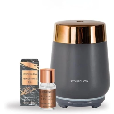 Image of Stoneglow Luna Collection Ceramic Perfume Mist Diffuser Starter Kit with Sandalwood &amp; Patchouli Fragrance Oil (Dark Grey Copper)