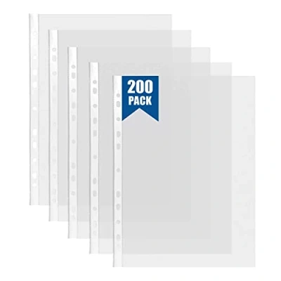 Image of 200 Pcs Punched Pockets A4 Clear 60 Micron Strong Plastic Wallet Sleeves, Top Opening Poly for Ring Binder Folders