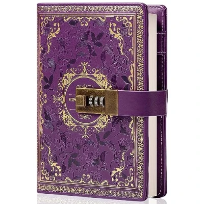 Image of Vintage Leather Journal Notebook with Combination Lock, B6 Embossed Flower Secret Diary Ruled Lined Paper for Writing, Gift Women Girls Children (Purple)