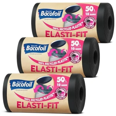 Image of Bacofoil Elasti Fit bin Liners 50L Recycled bags, 3 Rolls (30 Bags) Leak Proof, Elastic Fastening for Secure Made from 100% Plastic Eco Friendly Waste Disposal.