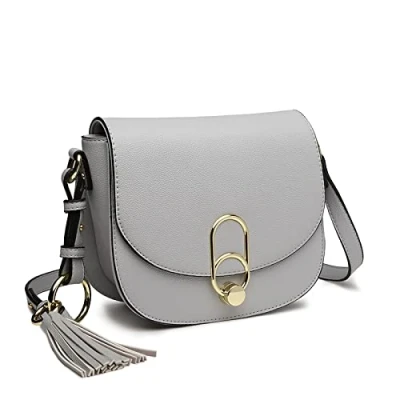 Image of Miss Lulu Women Cross Body Bag Fashion Tassel Decoration Zipper Handbags Flap with Lock Closure Shoulder (Grey)