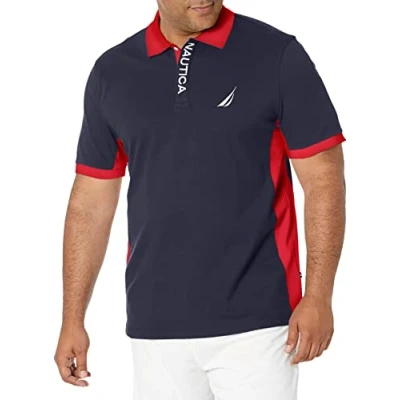 Image of Nautica Men&#039;s Short Sleeve Color Block Performance Pique Polo Shirt, Navy, M UK