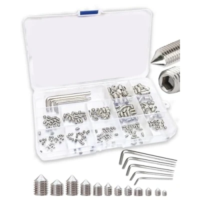 Image of FIXXELY Grub Screws Assorted Set of 240 (M3,M4,M5,M6,M8) Cone Point &amp; Hex Head with 5 Allen Key (M1.5,M2,M2.5,M3,M4) 304 Stainless Steel Sizes Ideal for Door Handle, Home Repairs Fixtures