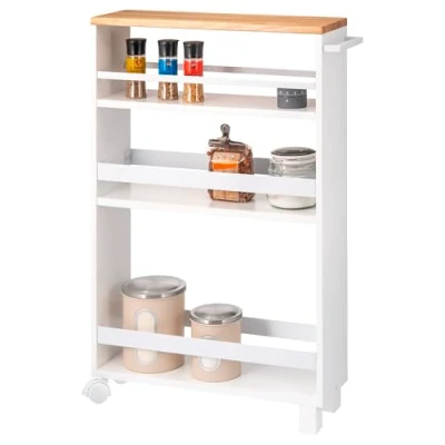 Image of eluno Kitchen Niche Trolley, Bathroom Organiser with 3 Levels, Wood, White