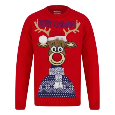 Image of Men&#039;s Classic Rudolph Motif Novelty Christmas Jumper in Tokyo Red S