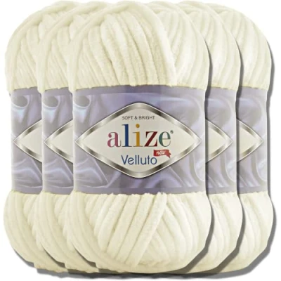 Image of Alize 5 x 100 g Velluto 340 m Turkish Wool 500 Super Bulky Chenille Yarn Thread Cuddly Soft Cushion Socks for Crocheting in XXL Ball Amigurumi (Light Cream 62)