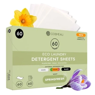 Image of Cosmeau Travel Wash Laundry Sheets Spring Fresh up to 60 Washes (30 Sheets) Eco Detergent for Whites, Colours &amp; Blacks Biodegradable Machine Hand