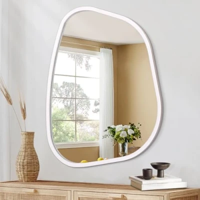 Image of White Irregular Oval Wall Mirror Large 65 x 45 CM Inches Asymmetrical Modern Wood Frame Unique Shape Mounted Vanity Artistic Decor for Living Room Bedroom Bathroom Entryway Hallway