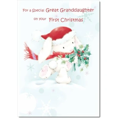 Image of doodlecards Great Granddaughters 1st First Christmas Card Cute Rabbit with Holly Medium Size for Plain Envelope
