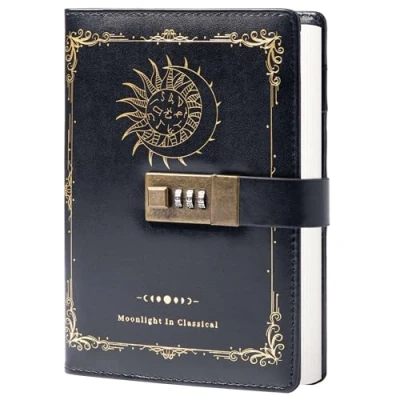 Image of Constellation Leather Journal with Lock, Zodiac Moon Sun Diary for Writing, B6 Notebook Lined Paper Women &amp; Men (Black)