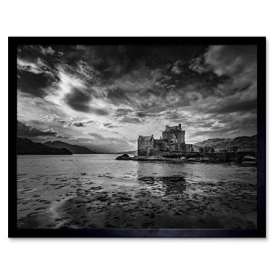 Image of Wee Blue Coo Scottish Landscape Eilean Donan Castle BW Art Print Framed Poster Wall Decor 12X16 Inch
