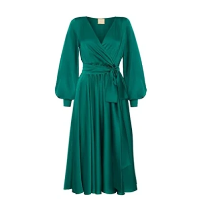 Image of Swing Fashion Women&#039;s Allison Grün Midi Elegant Festive Party Evening Wedding Prom Dress Ball Gown V Neck Long Sleeve Green 42 (XL)