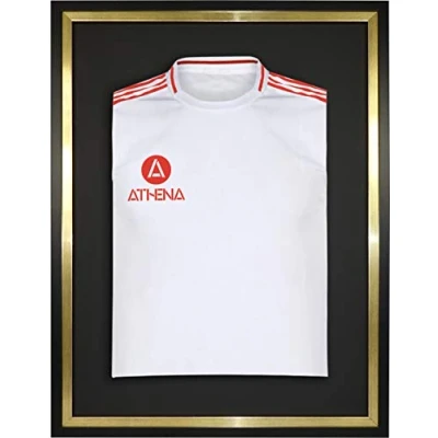 Image of Athena Premium Wood DIY Adult Standard Sports Shirt Display Frame for Football Shirt, Rugby Band T Shadow Box 60 x 80cm Black Frame, Gold Inner Backing Card