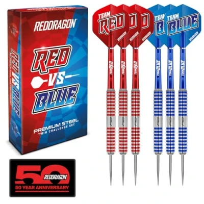 Image of Red DRAGON Team v Blue Steel Darts Set with Flights and Shafts (Stems)