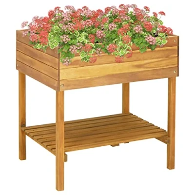 Image of vidaXL Garden Planter with Shelf, Solid Acacia Wood Light Oil Finish, Raised and Weather Resistant, Plant Pots for All Types of Plants