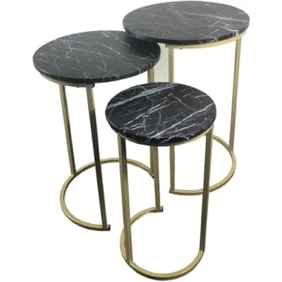 Image of FEFE Set of 3 Round Vintage Wooden/Steel Nesting Side Coffee Tables Stacking Sofa Side, Space Saving Tea Table for Hallway Living Room Bedroom Office Black Marble Look (Black)
