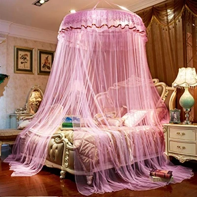 Image of Premium Luxurious Bed Canopy Netting Cover Round Lace Dome Curtain Mosquito Net Natural Repellent Easy Installation,Pink