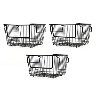 Image of HOMION Large Stacking Basket Storage Veg Rack Stackers Shlef Multi Purpose Stackable Wire with Carry Handles Kitchen Fruit Stand (3 Baskets)