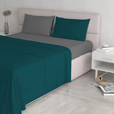 Image of Italian Bed Linen Natural Colour Sheet Set, Cotton, Petrol Green/Dark Grey, Double
